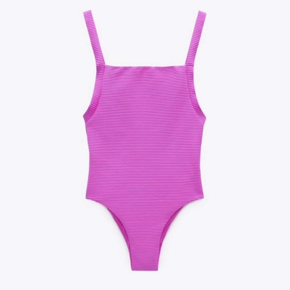 ZARA Fuschia Square Neck Ribbed One Piece Swimsuit